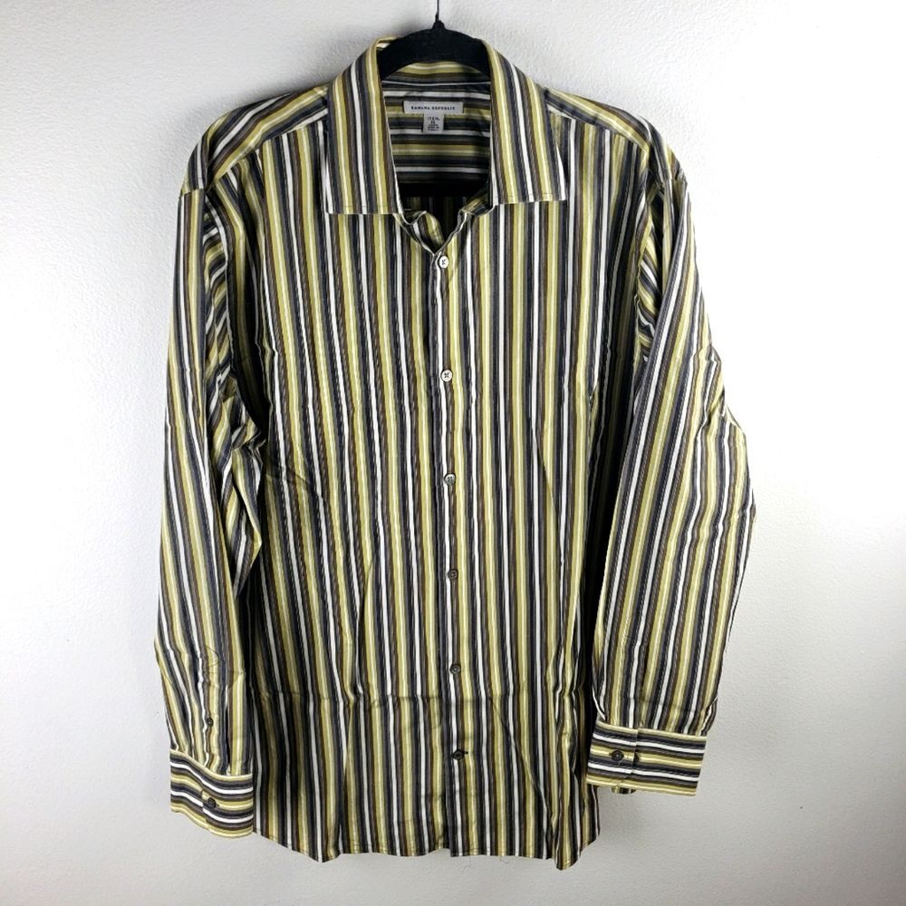 Men's Banana Republic Tan Brown Gray Striped Long Sleeve Button Down Shirt SZ XL